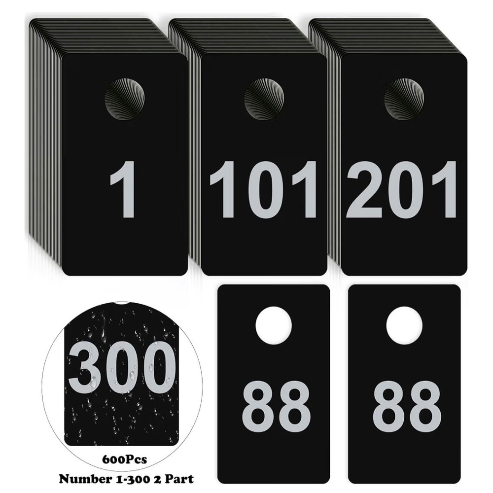 600pc Number Tags 1-300 Black Plastic Check Claim Raffle Coat Room Tags - A1718